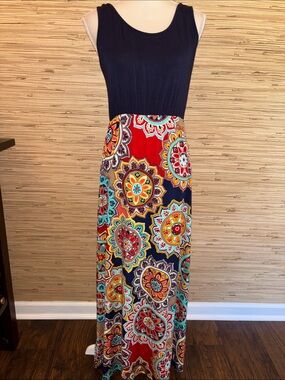 Zattcas Sleeveless Navy & Multi Floral Print Maxi Dress large EUC! Comfy!